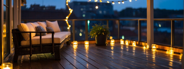 Tranquil rooftop terrace adorned with outdoor string lights, enveloping the space in a cozy...