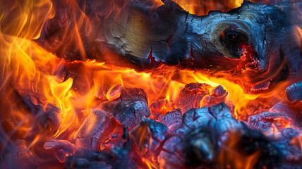 Close-up view of vibrant flames engulfing a piece of charred wood, highlighting the fiery textures and colors.
