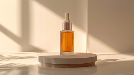 Fototapeta premium A small amber glass bottle with a silver dropper cap is sitting on a round podium against a beige background with soft shadows.