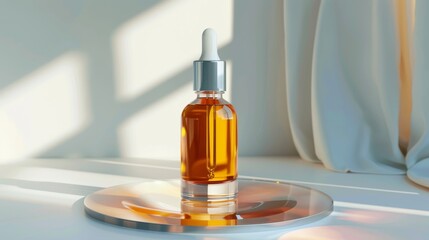 Naklejka premium A small amber glass bottle with a silver dropper cap is sitting on a round glass plate. The bottle is about half-full of a golden liquid. There is a white background.