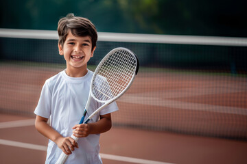 A young boy is holding a tennis racket and smiling. He is standing on a tennis court.