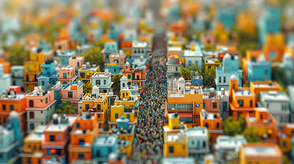 Festive Cityscape: Aerial 3D Icon Depicting Crowded City During Lively Festival, Reflecting World Population Day Themes in Isometric Scene