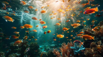 Vibrant underwater oasis teeming with colorful fish and coral bathed in sunbeams filtering through the ocean