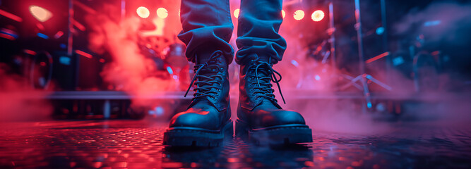 Close-up of pair of black boots on stage with red lights, neon and smoke behind. - Powered by Adobe