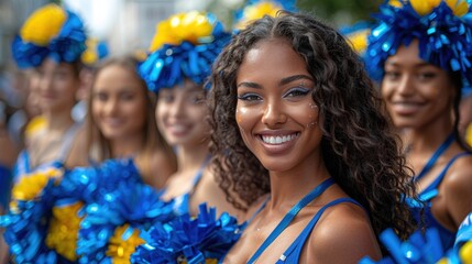 Young and cheerful interracial cheerleaders pose in a row - Powered by Adobe
