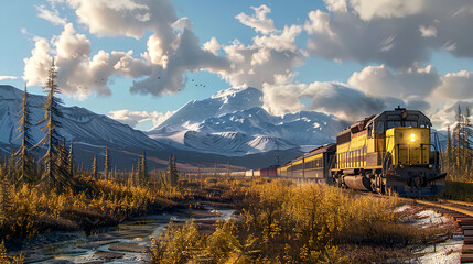 A speeding train in the vastness of alaska