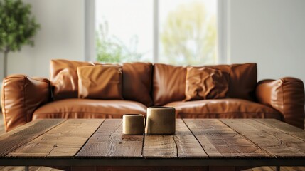 Wood table top on blur living room have leather sofa and decoration minimal.