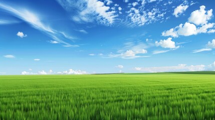 Fototapeta premium Wide Angle View: Beautiful Green Grass Field with Blue Sky