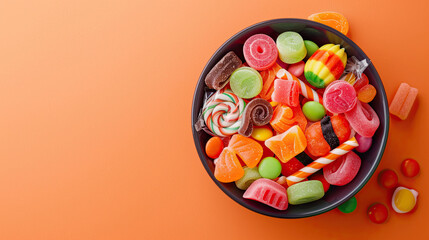 Top view of A bowl full of halloween candy sweets on an orange background