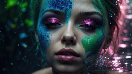 A surreal scene of a woman's closeup face submerged in water, a serene woman with glittering makeup in murky waters, a dreamlike closeup of a woman's face with half shut eyes, generative AI
