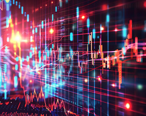 Vibrant digital graph highlighting stock market trends with glowing lines, representing global trading strategies and investment analysis