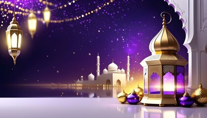 Obraz premium Eid mubarak background with lantern lights of different colours and behind it eid celebrations mosque and beautiful view