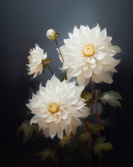 Oil painting of white chrysanthemum flower bouquet, impasto oil illustration. Valentine, Woman's day and Mothers day concept, art for design poster, greeting card, banner, wedding invitation 