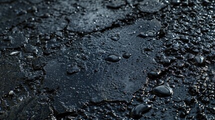 Macro shot of hot asphalt with cold raindrops evaporating quickly, urban temperature clash
