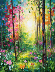 Oil painting of summer forest landscape, impasto oil illustration art for design poster, greeting card, banner, invitation 