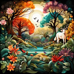 Highresolution vector of a vibrant animal and plant adventure scene, bold and detailed with colorful motifs ,  clean and clear drawing