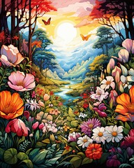 A magical garden filled with fantastical flowers and playful insects