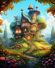 Fototapeta premium Playful, highresolution vector of a house with a heartshaped window surrounded by a fairytale garden, vivid colors , high resolution