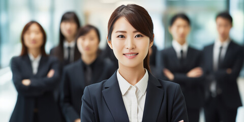 Fototapeta premium Japanese businesswoman smiling with arms crossed with employees around him