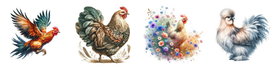 Fototapeta premium Watercolor set chicken on white background