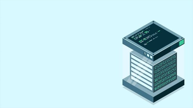Isometric futuristic server animation. Isometric database or data center. Abstract blockchain. Computer storage. Cloud storage. 4K video animated in isometric style