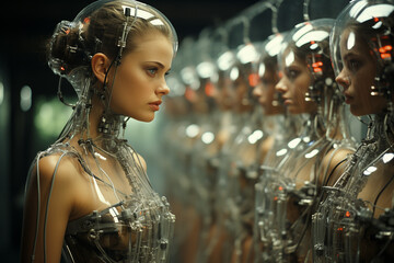 A row of lifelike female androids with reflective surfaces in a futuristic setting