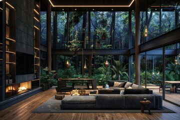 Fototapeta premium Luxury black living room with big windows in a remote house in the forest. Cozy architecture concept.