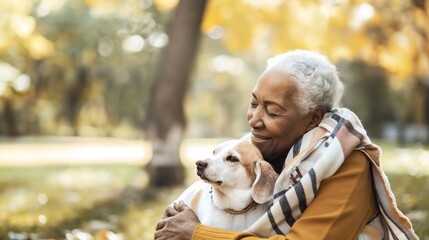 African American woman with pet dog. Happy elderly african american woman at the park cuddling her dog. A senior african american woman playfully holding her dog in park. Love for animals concept.