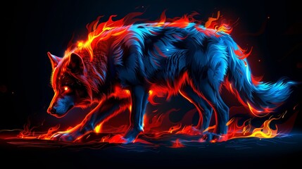 A wolf is walking through the fire on a black background. A magical creature made of fire