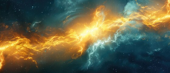 Fototapeta premium Artistic banner featuring abstract lime, chartreuse, and gold hues illuminated by bolts of electricity