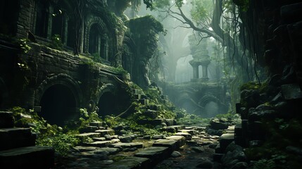 Mystical and atmospheric ruins reclaimed by nature, Ancient Ruins Overgrown with Jungle Vegetation