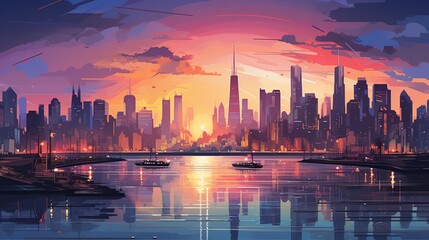 Fototapeta premium Panoramic views of bustling cities with vibrant lights against a colorful sky, City Skylines at Sunset with Glowing Lights