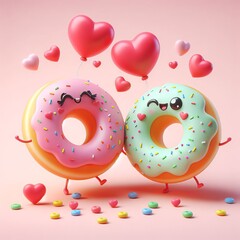 Cute happy couple of donut in love. 3d rendering