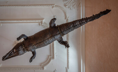Nîmes, France - 04 17 2024: View of the four stuffed crocodiles on the staircase of the Town Hall.