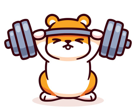 Funny cartoon hamster lifting barbell