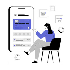 Mobile banking application, money transfer, currency exchange. Woman with financial account on smartphone screen checks all banking activities. Vector illustration with line people for web design.