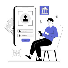 Secure payment, protection personal financial data. Man manages finances and access to account in application. Vector illustration with line people for web design.