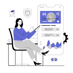 Mobile banking concept. Financial transactions, payments, online banking, money transfers, and bank account. Vector illustration with line people for web design.