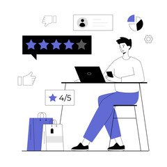 Customer feedback, survey, opinion concept. Man give review rating and feedback on website. Vector illustration with line people for web design.