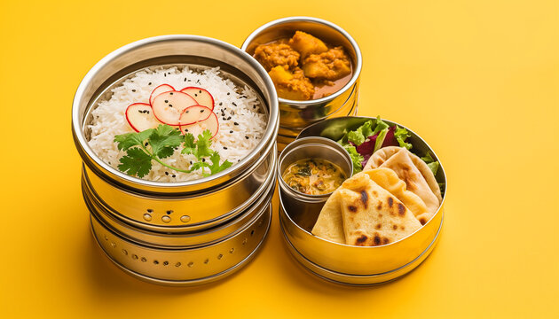 An indian tiffin with maharashtrian food menu like roti, dal tadka, white rice and potato ,cauliflower sabji with salad
