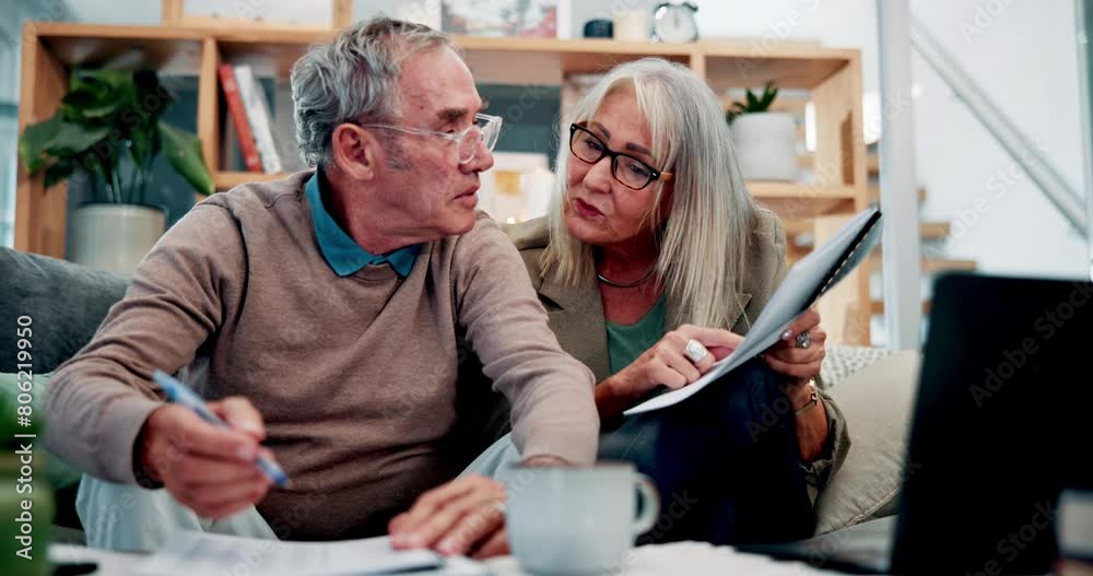 Wall mural Documents, laptop and senior couple on sofa with home budget, pension plan or insurance application. Notes, man and woman on couch with retirement paperwork, contract or discussion in living room