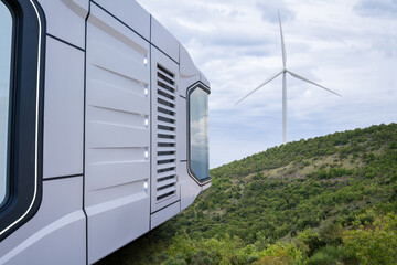 Concept of futuristic zero emission modular house powered with renewable energy.