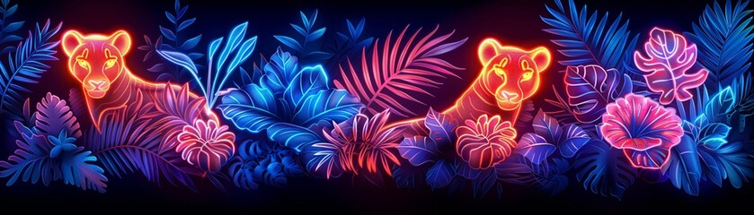 Neon sign jungle with vibrant animal shapes and foliage outlines