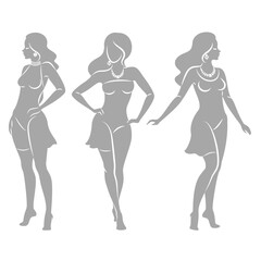 Collection. Silhouette of a woman in style. The girl is slim and beautiful. Lady suitable for decor, posters, stickers, logo. Vector illustration set