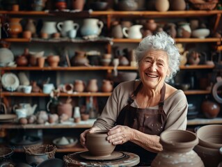 An elderly Caucasian woman with short white hair and a beaming smile engages in pottery. 
