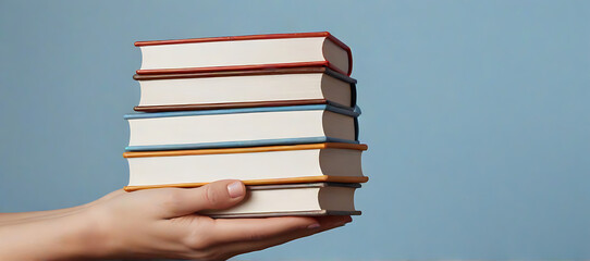 hand holding stack of books