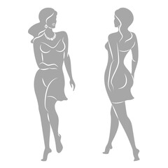 Collection. Silhouette of a woman in style. The girl is slim and beautiful. Lady suitable for decor, posters, stickers, logo. Vector illustration set