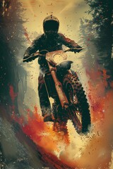Motocross rider on the background of a burning forest. poster concept. Generative AI.