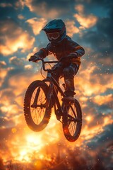 Motocross rider on a mountain bike in action at sunset. Generative AI.