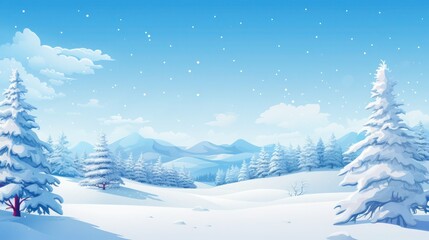 Beautiful atmospheric winter landscape with snow-covered fir trees and hills in the background, copy space.